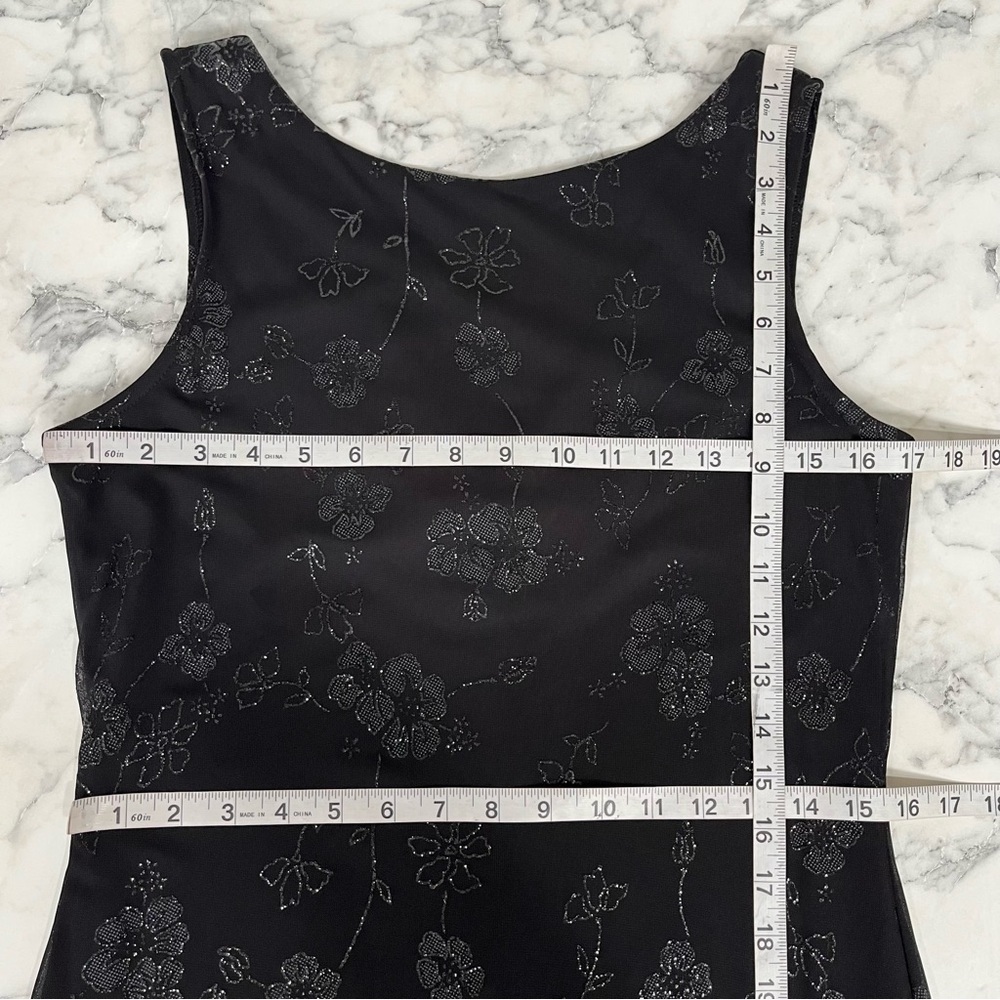 Vintage Y2K Black Floral Silver Glitter Sheer Overlay Mesh Dress Ruffle Hem L - Picture 8 of 11